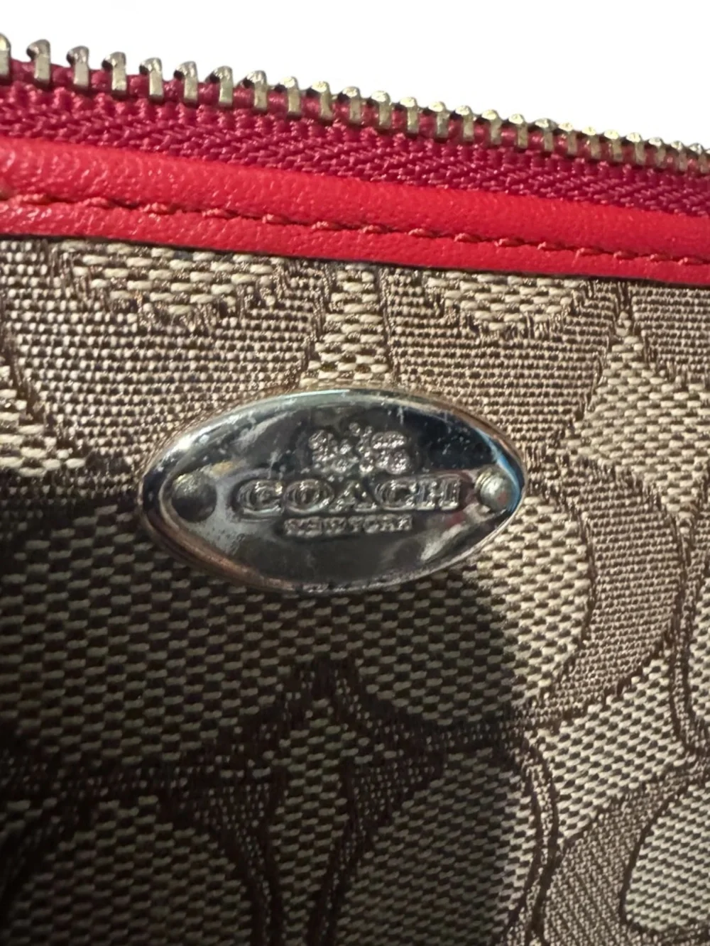 Vintage Y2K Coach Tan Signature Canvas Wristlet with Red Leather Trim